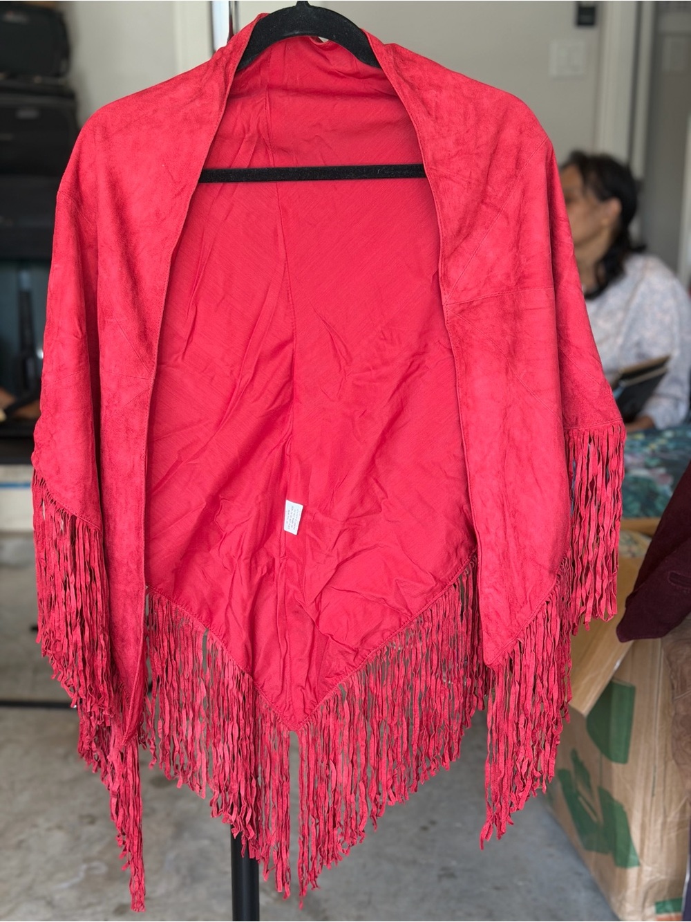 Red Fringe Open-Front Women's suede genuine leather brand new Shawl
